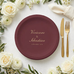 Elegant Simple Burgundy Script Minimalist Wedding Paper Plate