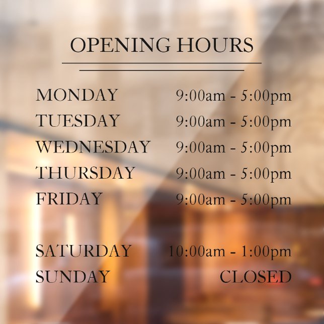 Elegant Simple Business Opening Hours Glass Window Cling (Sheet 2)