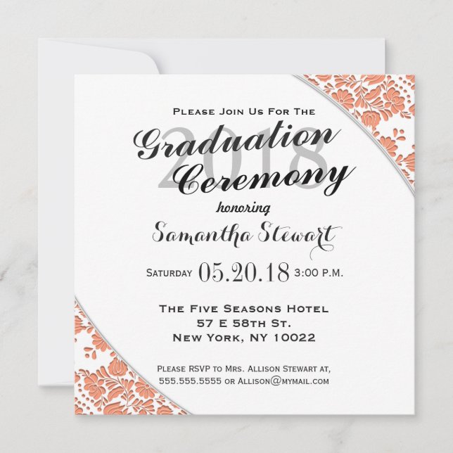 Elegant & Simple Cadmium Orange Damask Pattern Invitation (Front)