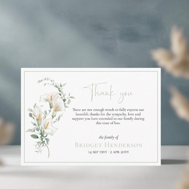 Elegant Simple Calla Lily Eucalyptus Sympathy Thank You Card (Creator Uploaded)