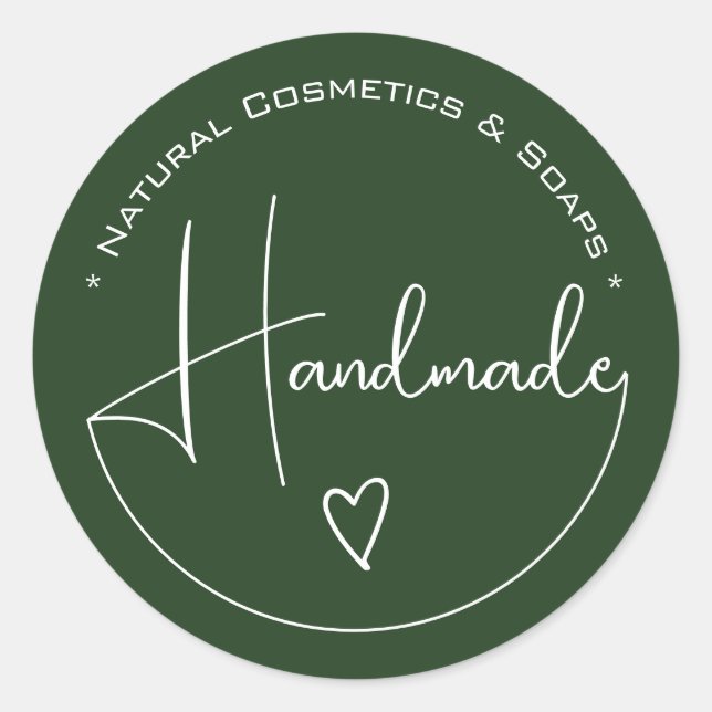 Elegant Simple Calligraphy Handmade Heart Green Classic Round Sticker (Front)