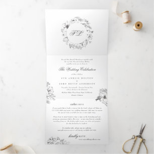 Elegant Simple Calligraphy Monogram Floral Wedding Tri-Fold Invitation