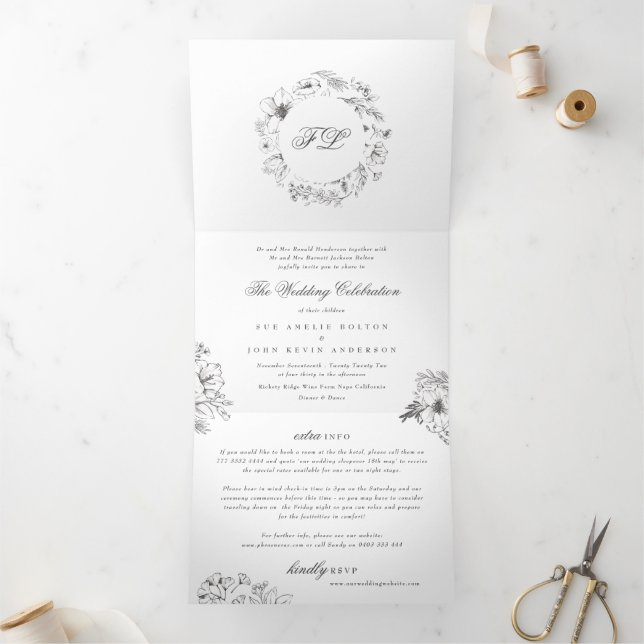 Elegant Simple Calligraphy Monogram Floral Wedding Tri-Fold Invitation (Inside)