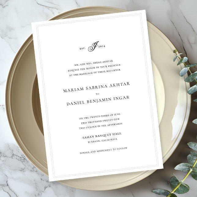 Elegant Simple Calligraphy Monogram White Wedding Invitation (Creator Uploaded)