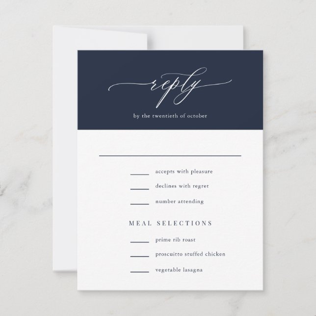 Elegant Simple Calligraphy Navy Blue Wedding RSVP Card (Front)