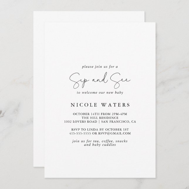 Elegant Simple Calligraphy Sip and See  Invitation (Front/Back)