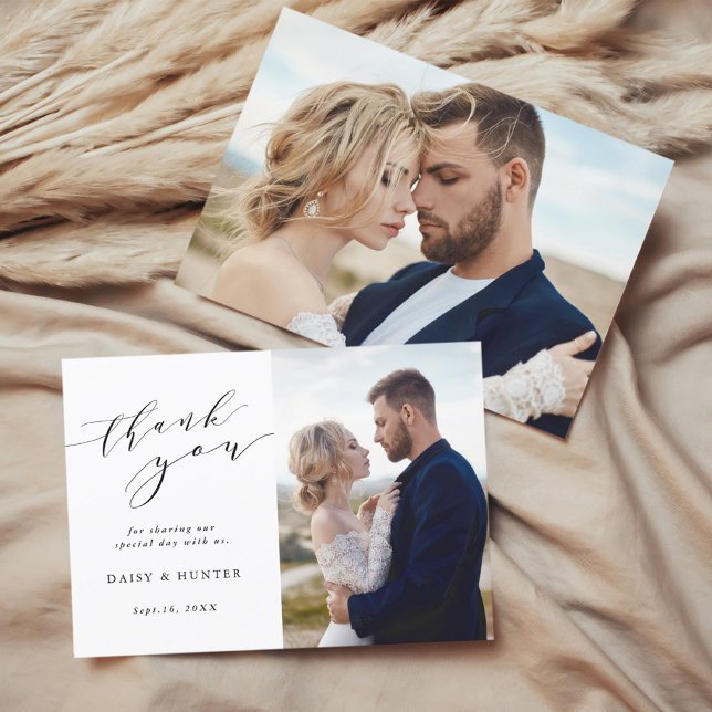 Elegant Simple Calligraphy Wedding 2 Photo  Thank You Card (Creator Uploaded)
