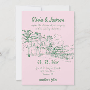 Elegant Simple Catholic Hand Drawn Church Wedding Invitation