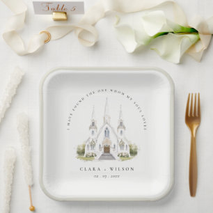 Elegant Simple Catholic Watercolor Church Wedding Paper Plate
