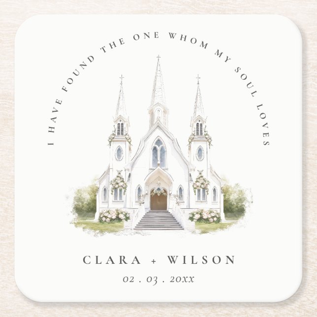 Elegant Simple Catholic Watercolor Church Wedding Square Paper Coaster (Front)