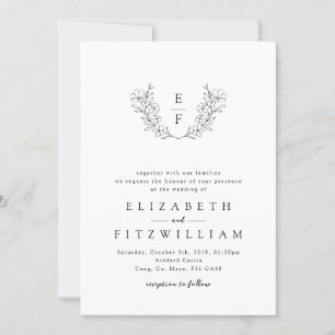 Elegant Simple Cherry Blossom Monogram Wreath Invitation