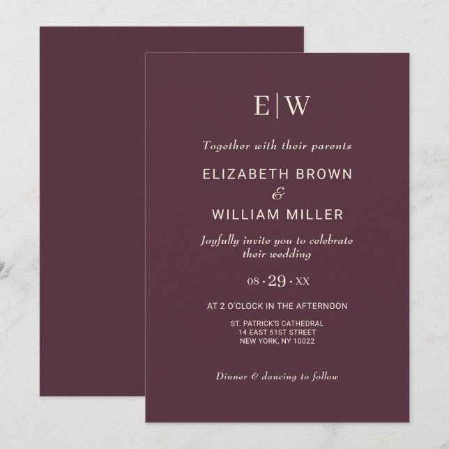 Elegant Simple Cherry Lacquer, Monogram Wedding Invitation (Front/Back)