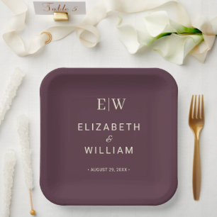 Elegant Simple Cherry Lacquer, Monogram Wedding Paper Plate