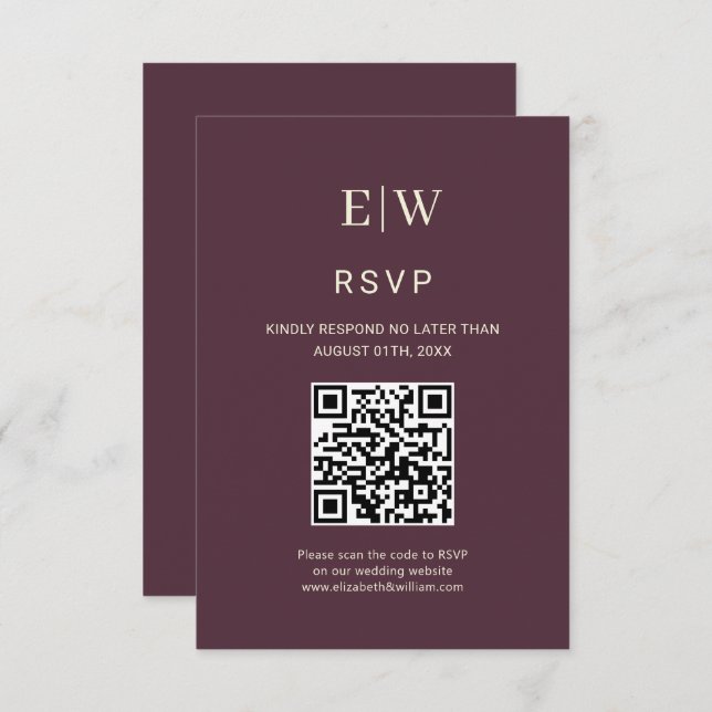 Elegant Simple Cherry Lacquer, Monogram Wedding RSVP Card (Front/Back)