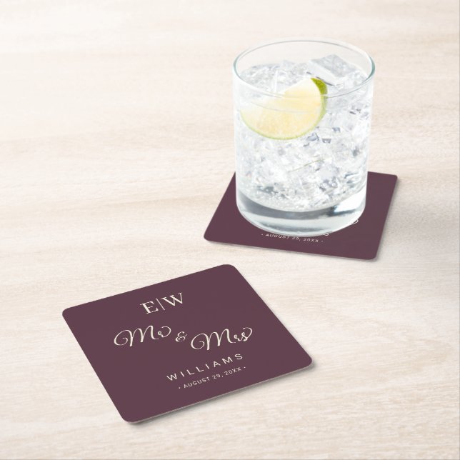 Elegant Simple Cherry Lacquer, Monogram Wedding Square Paper Coaster (Insitu)