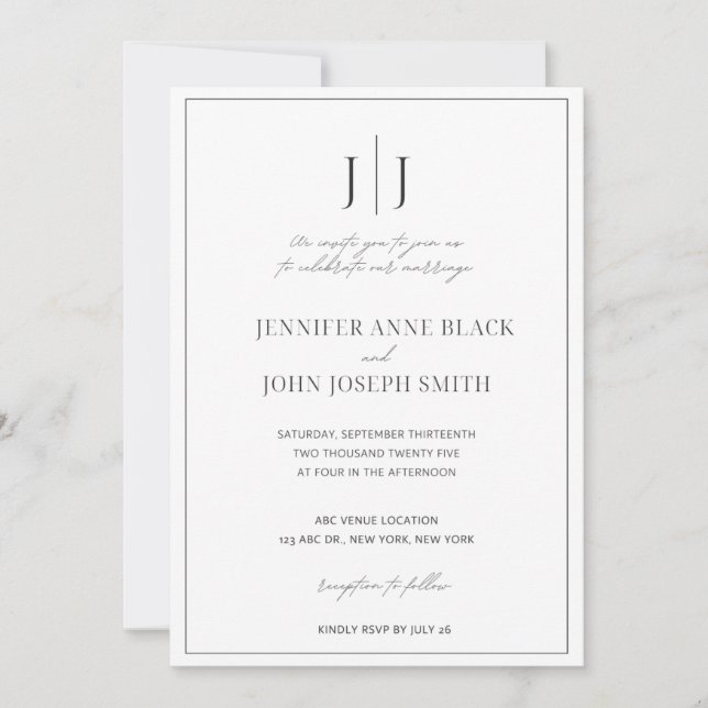Elegant Simple Chic Black & White Wedding Invites (Front)