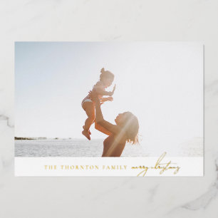 elegant simple classic merry photo gold real foil holiday card