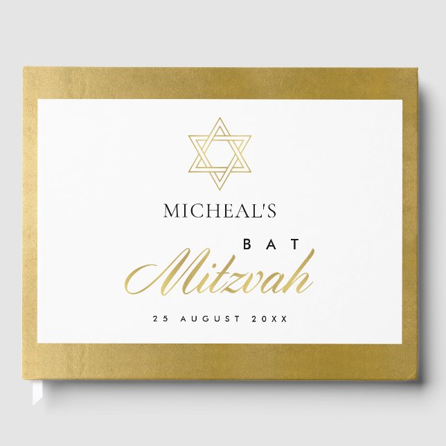 ELEGANT SIMPLE CLEAN FAUX GOLD BAR BAT MITZVAH GUEST BOOK (Front)