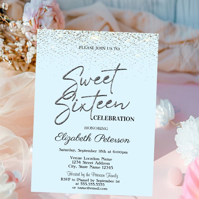 Elegant Simple Confetti Light Blue Sweet 16 Invitation (Creator Uploaded)