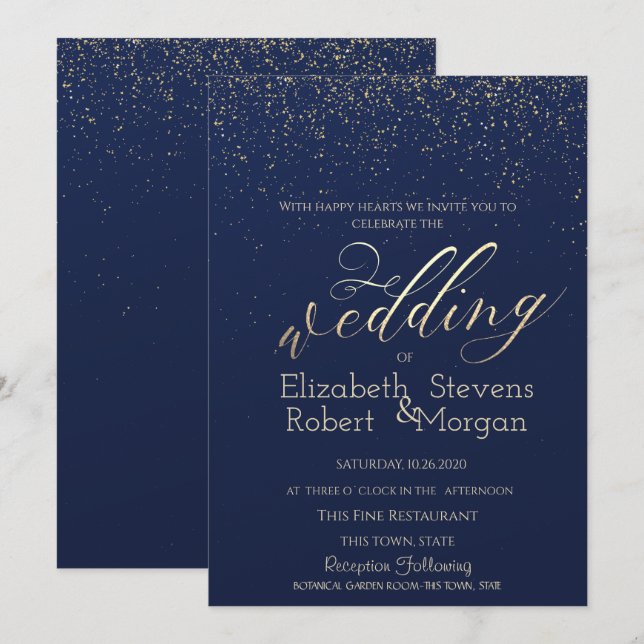 Elegant Simple Confetti Navy Blue Wedding Invitation (Front/Back)