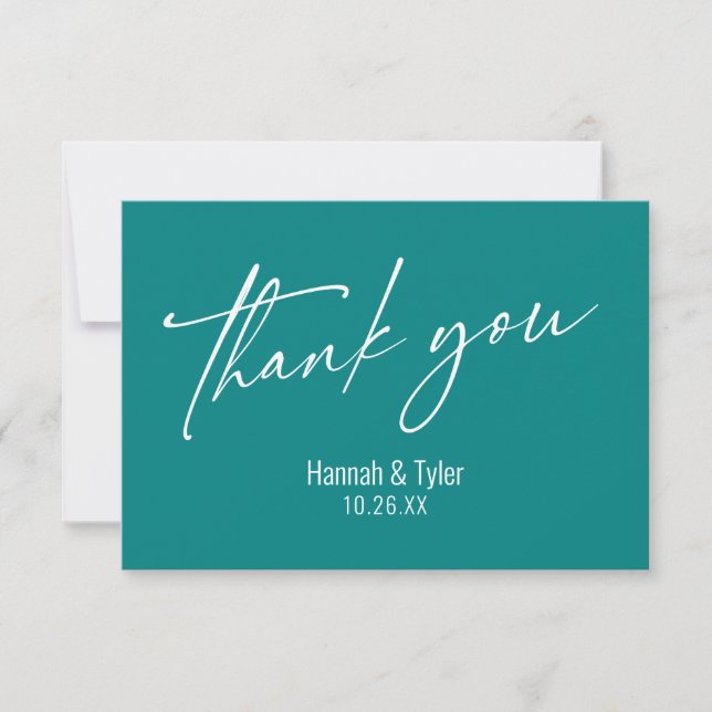 Elegant Simple Contemporary Handwriting Teal Thank You Card (Front)