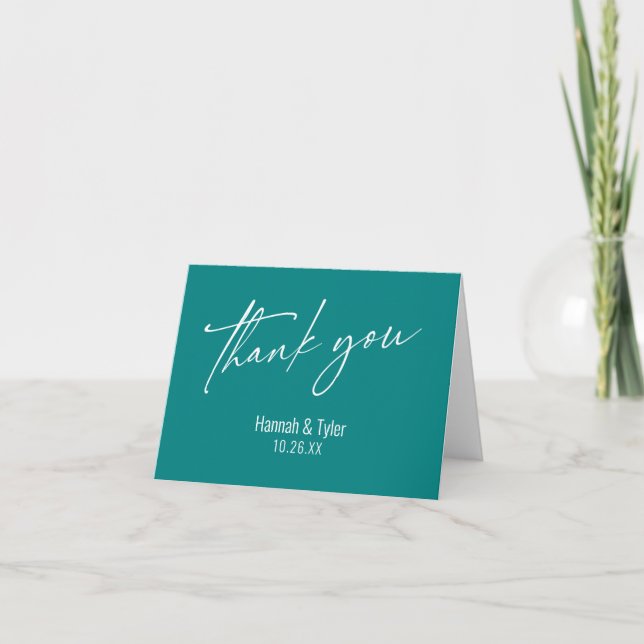Elegant Simple Contemporary Handwriting Teal Thank You Card (Front)