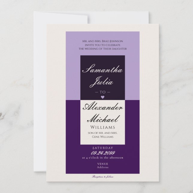 Elegant Simple Cream Royal Purple Lavender Wedding Invitation (Front)