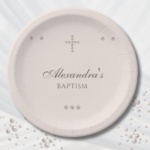 Elegant Simple Cross Christening Christian Baptism Paper Plate