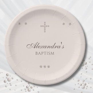 Elegant Simple Cross Christening Christian Baptism Paper Plate