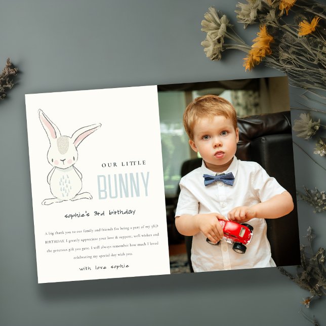 Elegant Simple Cute Blue Bunny Kids Photo Birthday Thank You Card (Creator Uploaded)