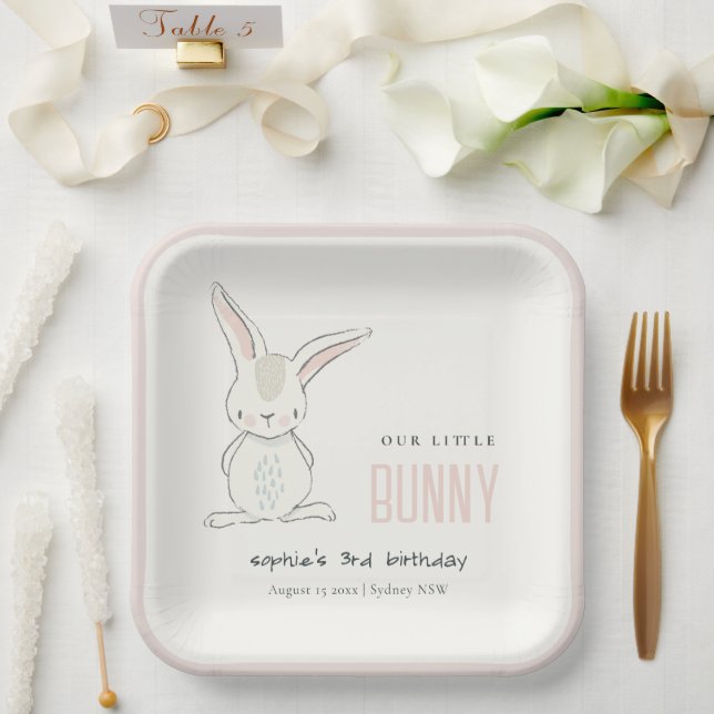 Elegant Simple Cute Bunny Pink Blush Kids Birthday Paper Plate (Wedding)