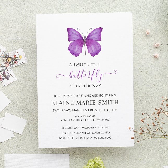 Elegant Simple Cute Purple Butterfly Baby Shower  Invitation (Creator Uploaded)