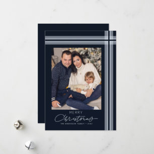 Elegant Simple Dark Blue Plaid Christmas 1 Photo Holiday Card