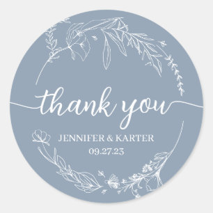 Elegant Simple Dusty Blue Floral Wreath Thank You Classic Round Sticker