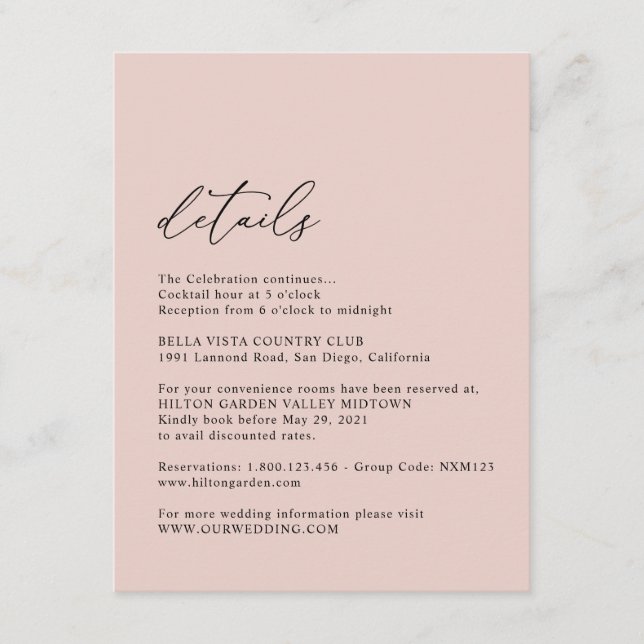Elegant Simple Dusty Rose Wedding Details Enclosure Card (Front)