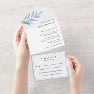 Elegant Simple Eucalyptus Dusty Blue Wedding All In One Invitation