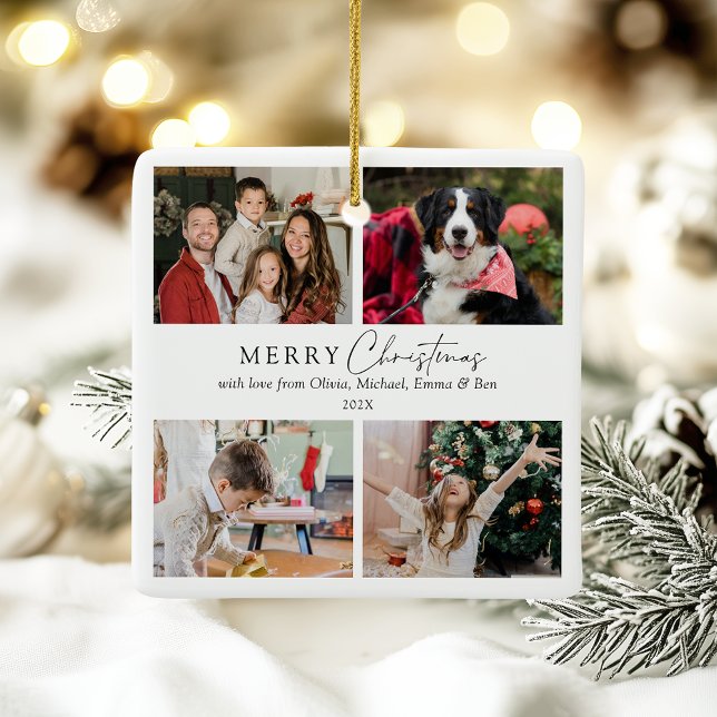 Elegant Simple Family 4 Photo Collage Christmas Ceramic Ornament (Simple elegant white customizable 4 photo holiday ornament, plus personal message & your family name)