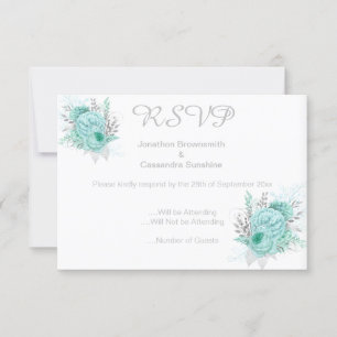 ELEGANT SIMPLE FLORAL AQUA GLITTER RSVP INVITATION