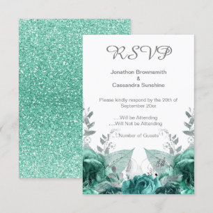 ELEGANT SIMPLE FLORAL GREEN GLITTER RSVP INVITATION