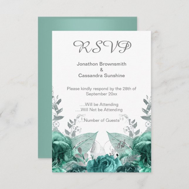 ELEGANT SIMPLE FLORAL GREEN METALLIC  RSVP INVITATION (Front/Back)