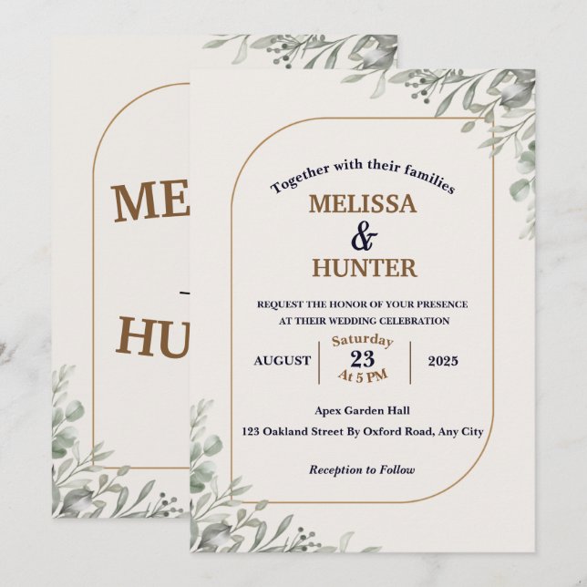 Elegant Simple Floral Greenery Watercolor Wedding Invitation (Front/Back)