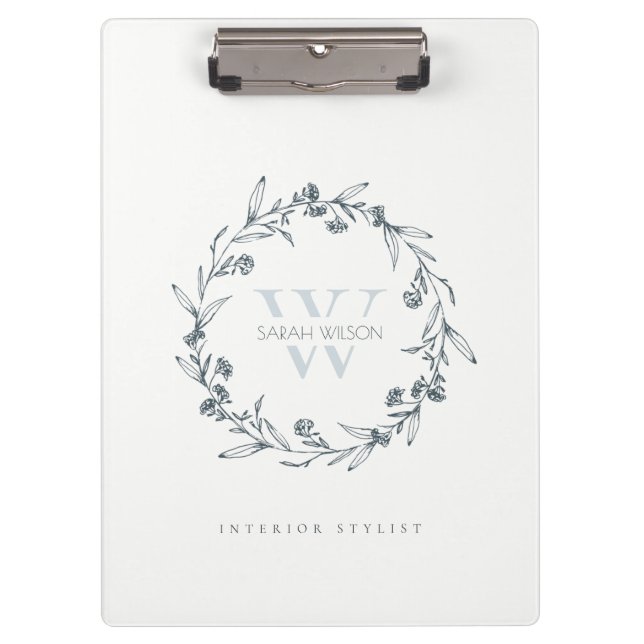 Elegant Simple Floral Laurel Wreath Monogram Clipboard (Front)