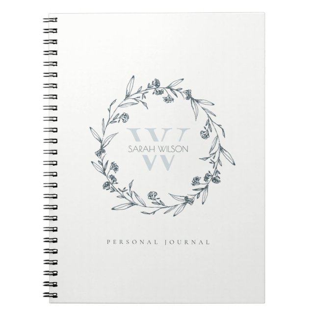 Elegant Simple Floral Laurel Wreath Monogram Notebook (Front)