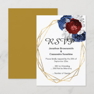 ELEGANT SIMPLE FLORAL NAVY RED GOLD RSVP INVITATION