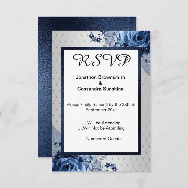 ELEGANT SIMPLE FLORAL NAVY SILVER RSVP INVITATION (Front/Back)
