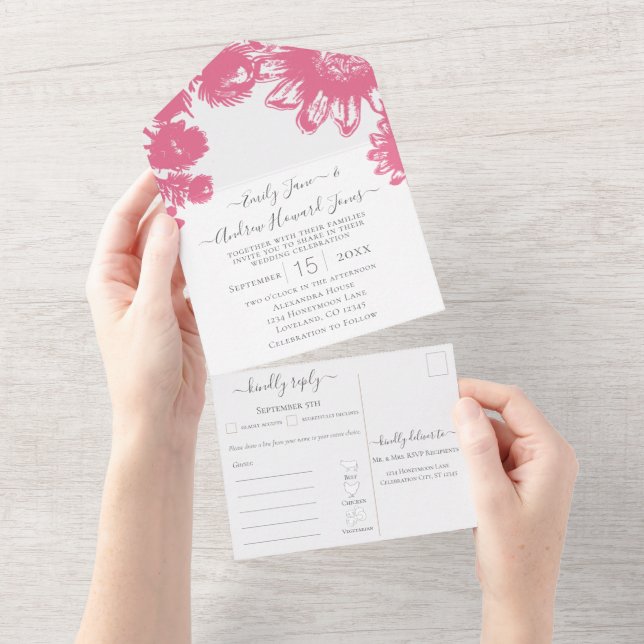 Elegant Simple Floral Pink and White Sunflower All In One Invitation (Tearaway)