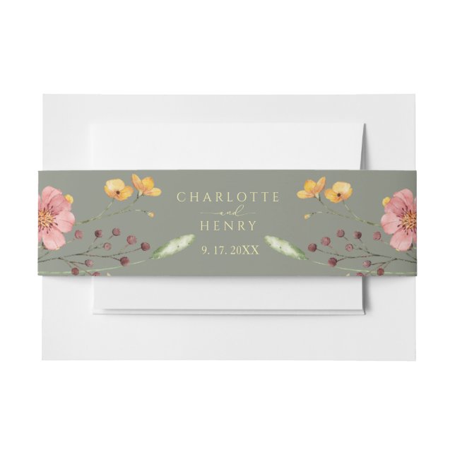 Elegant Simple Floral Wildflowers Sage Wedding  Invitation Belly Band (Front Example)