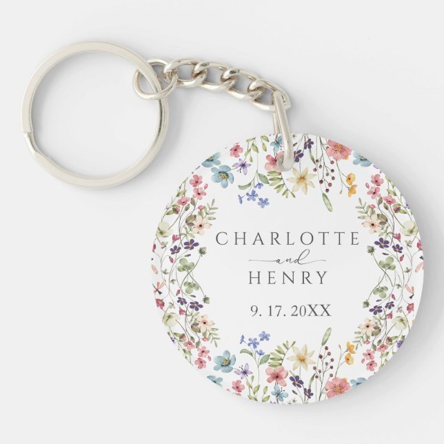 Elegant Simple Floral Wildflowers Wedding  Key Ring (Front)