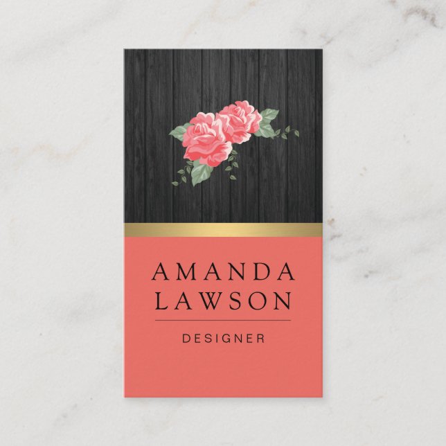 Elegant Simple Flowers and Wood Panel Business Card (Front)