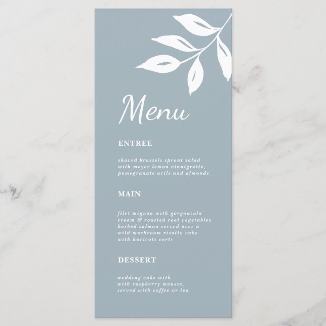 Elegant simple Foliage Formal Dusty blue wedding Menu (Front)